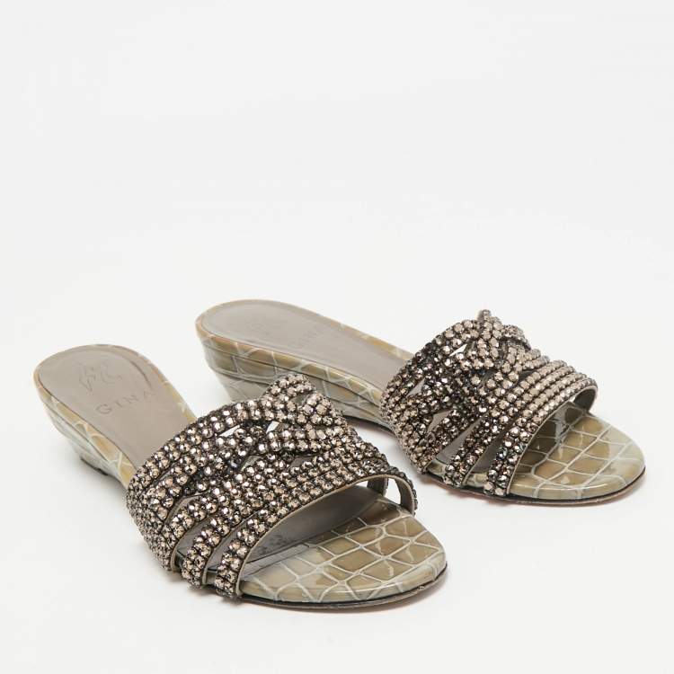 Pre Owned Gina Grey Leather Crystal Embellished Daphne Slide Sandals Size 38.5