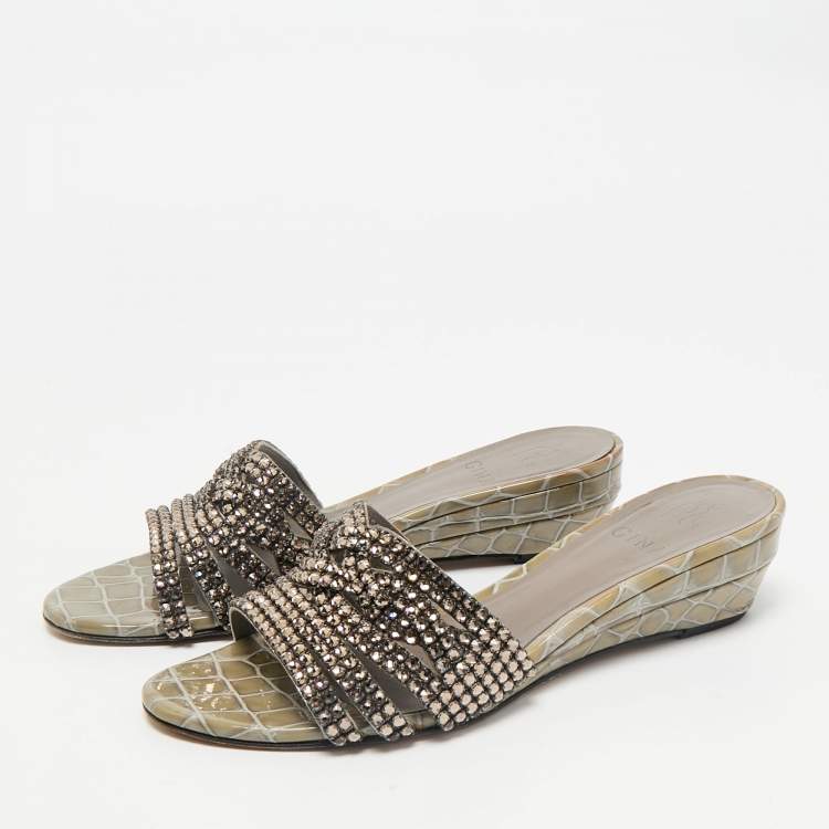 Pre Owned Gina Grey Leather Crystal Embellished Daphne Slide Sandals Size 38.5
