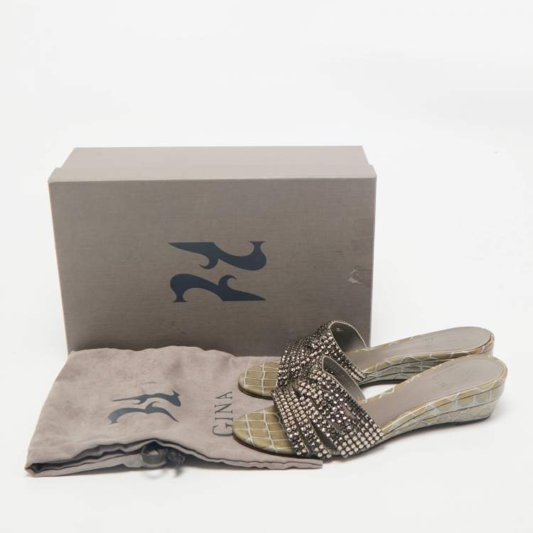 Pre Owned Gina Grey Leather Crystal Embellished Daphne Slide Sandals Size 38.5