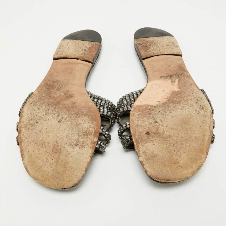 Pre Owned Gina Black Croc Embossed Patent Crystal Embellished Flat Slide Sandals Size 41