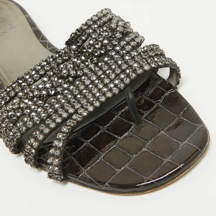 Pre Owned Gina Black Croc Embossed Patent Crystal Embellished Flat Slide Sandals Size 41