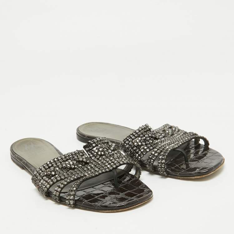 Pre Owned Gina Black Croc Embossed Patent Crystal Embellished Flat Slide Sandals Size 41