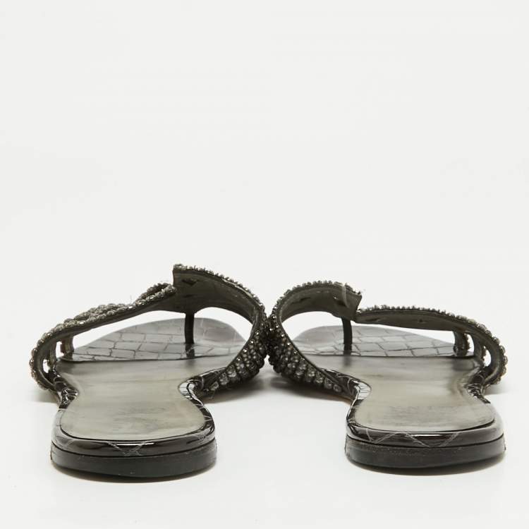 Pre Owned Gina Black Croc Embossed Patent Crystal Embellished Flat Slide Sandals Size 41