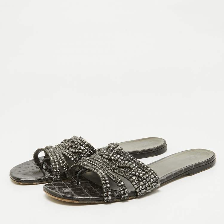 Pre Owned Gina Black Croc Embossed Patent Crystal Embellished Flat Slide Sandals Size 41
