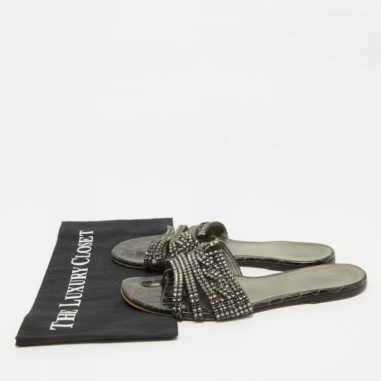 Pre Owned Gina Black Croc Embossed Patent Crystal Embellished Flat Slide Sandals Size 41
