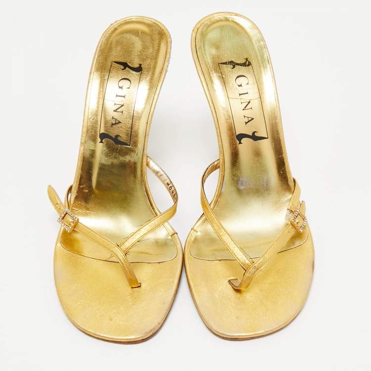 Pre Owned Gina Gold Leather Thong Sandals Size 38.5