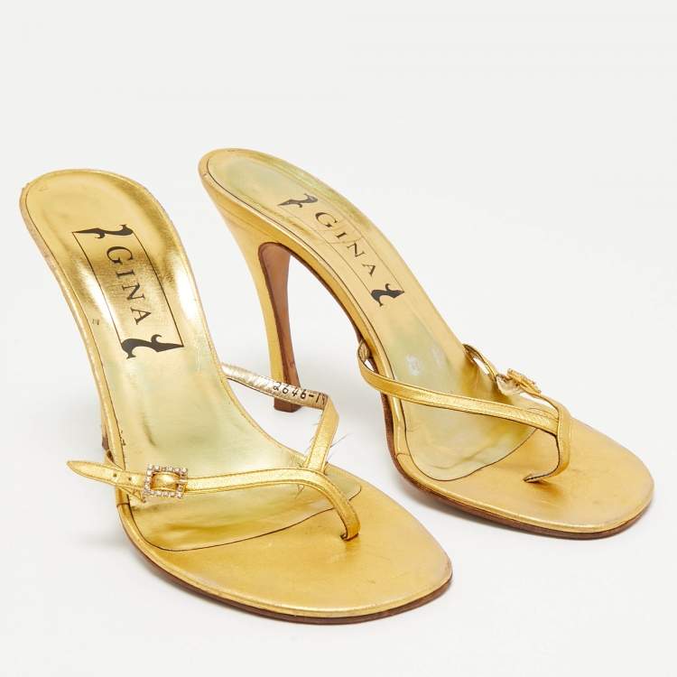 Pre Owned Gina Gold Leather Thong Sandals Size 38.5