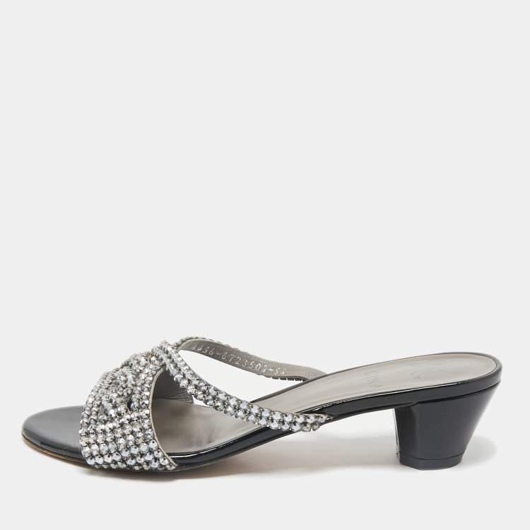 Pre Owned Gina Silver Leather Crystal Embellished Slide Sandals Size 38.5