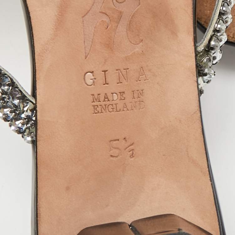 Pre Owned Gina Silver Leather Crystal Embellished Slide Sandals Size 38.5