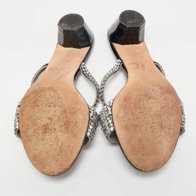 Pre Owned Gina Silver Leather Crystal Embellished Slide Sandals Size 38.5