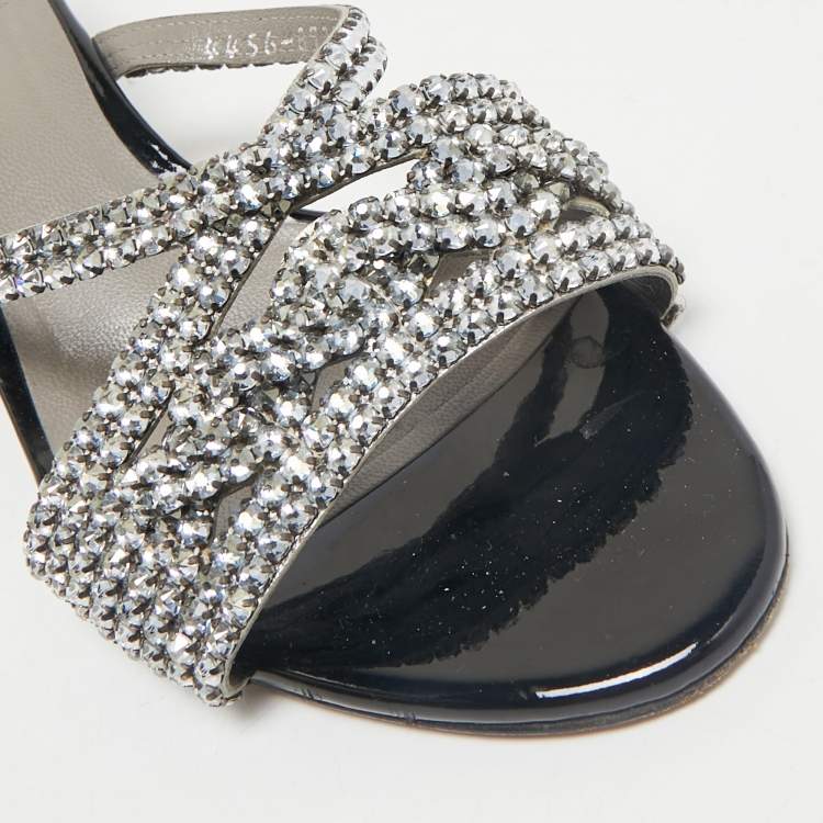 Pre Owned Gina Silver Leather Crystal Embellished Slide Sandals Size 38.5