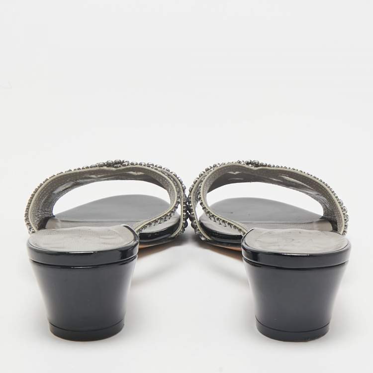 Pre Owned Gina Silver Leather Crystal Embellished Slide Sandals Size 38.5