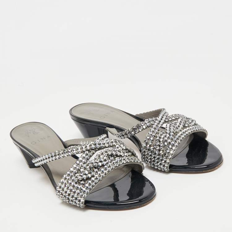 Pre Owned Gina Silver Leather Crystal Embellished Slide Sandals Size 38.5