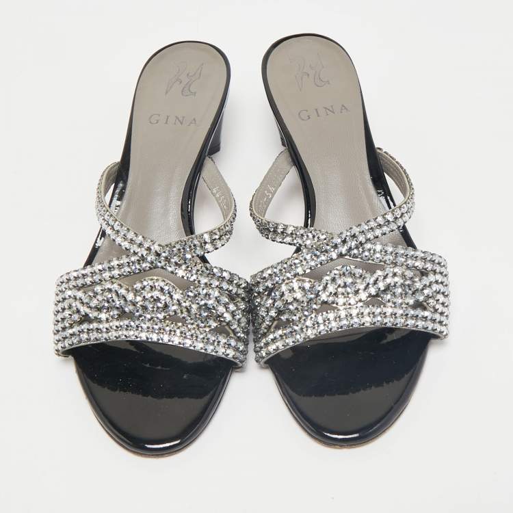 Pre Owned Gina Silver Leather Crystal Embellished Slide Sandals Size 38.5