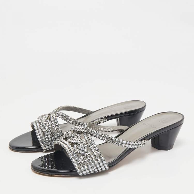 Pre Owned Gina Silver Leather Crystal Embellished Slide Sandals Size 38.5