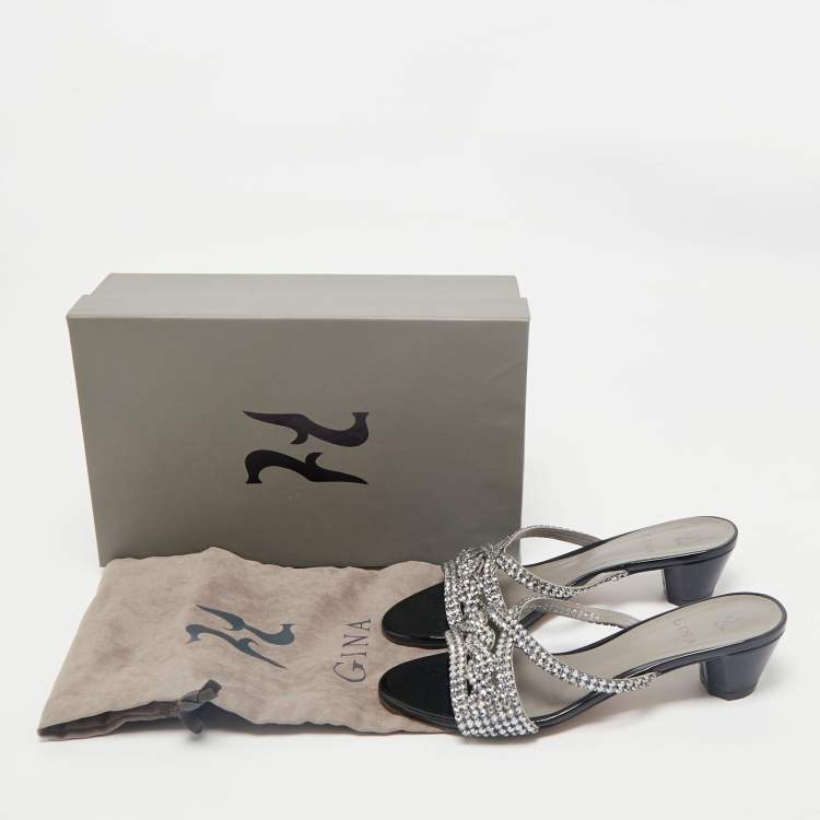 Pre Owned Gina Silver Leather Crystal Embellished Slide Sandals Size 38.5