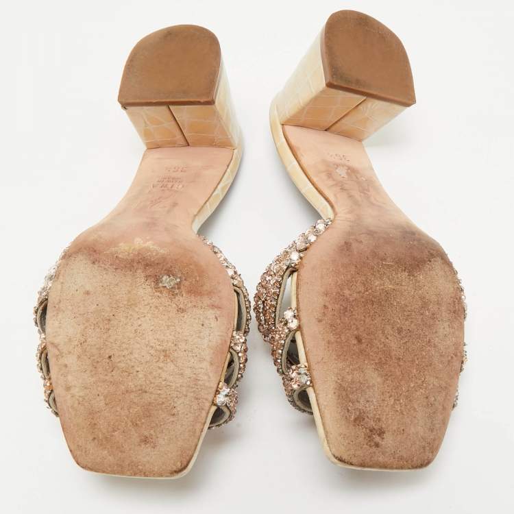 Pre Owned Gina Beige Croc Embossed Patent Leather Crystal Embellished Slide Sandals Size 36.5