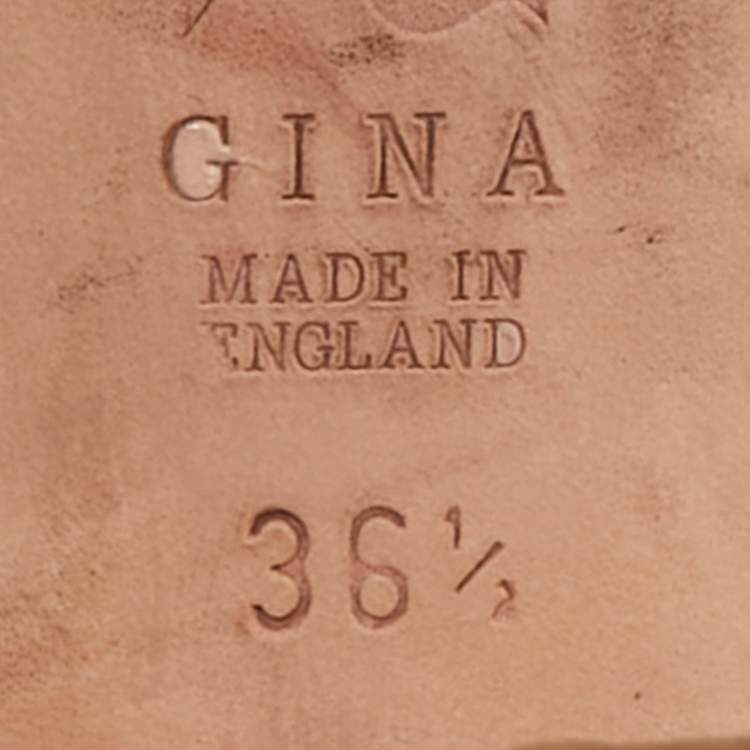 Pre Owned Gina Beige Croc Embossed Patent Leather Crystal Embellished Slide Sandals Size 36.5