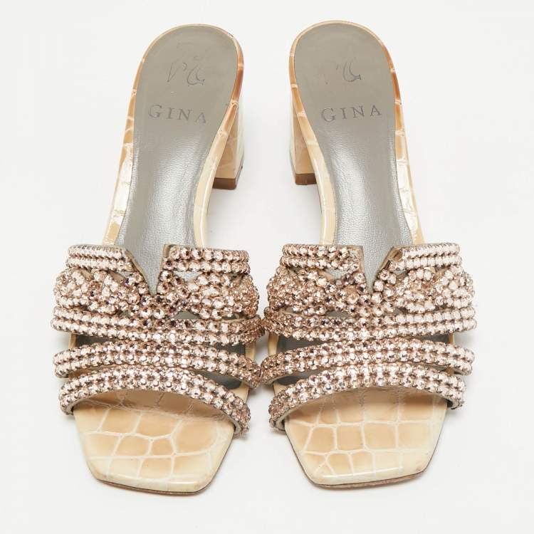 Pre Owned Gina Beige Croc Embossed Patent Leather Crystal Embellished Slide Sandals Size 36.5