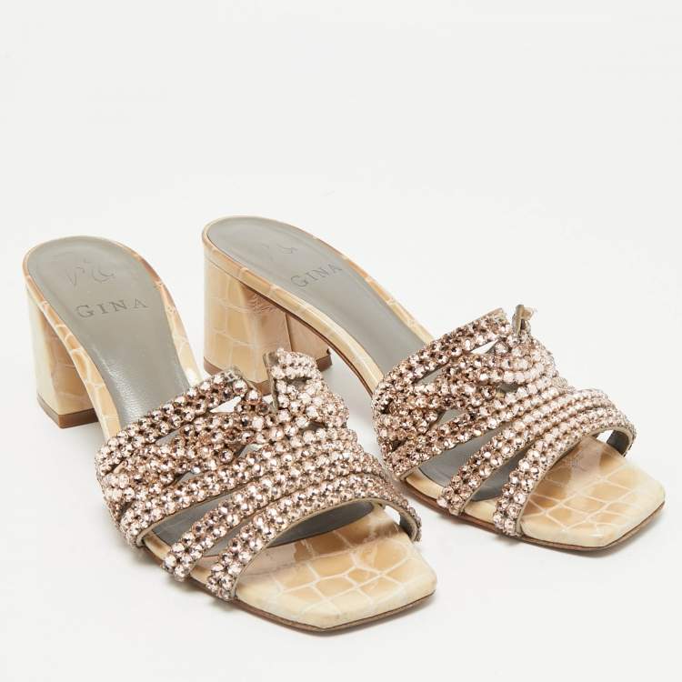 Pre Owned Gina Beige Croc Embossed Patent Leather Crystal Embellished Slide Sandals Size 36.5