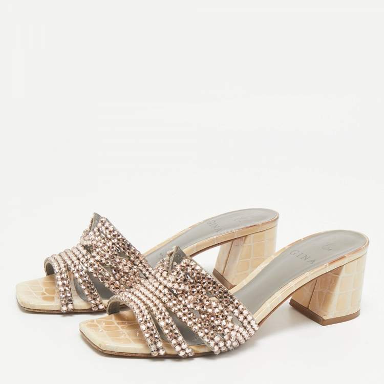 Pre Owned Gina Beige Croc Embossed Patent Leather Crystal Embellished Slide Sandals Size 36.5