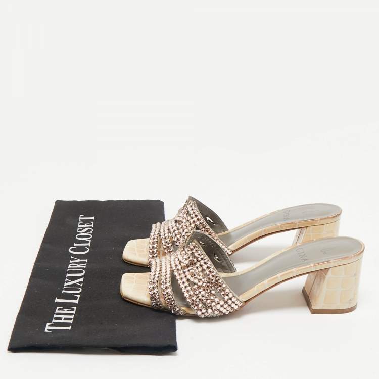 Pre Owned Gina Beige Croc Embossed Patent Leather Crystal Embellished Slide Sandals Size 36.5