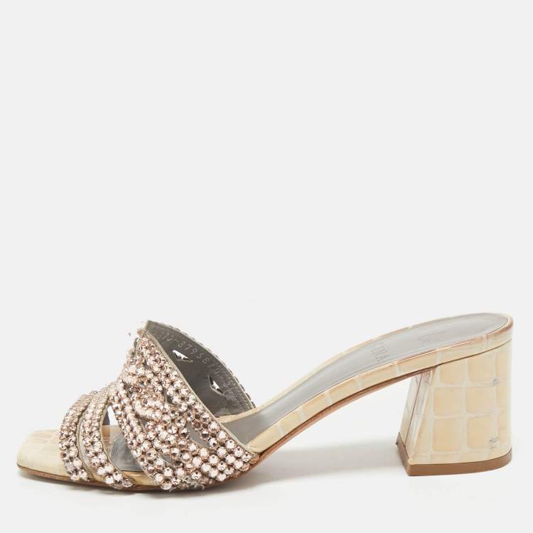 Pre Owned Gina Beige Croc Embossed Patent Leather Crystal Embellished Slide Sandals Size 36.5