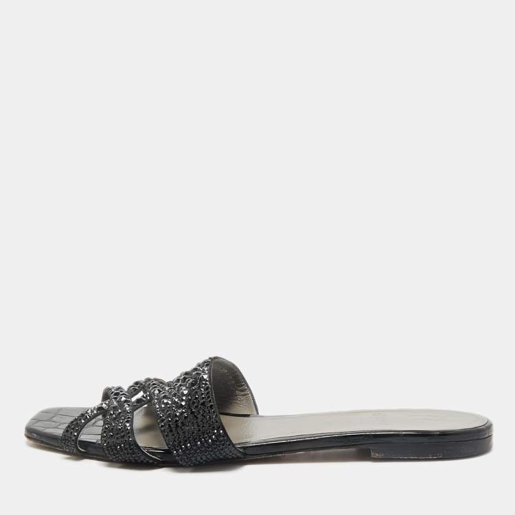 Pre Owned Gina Black Satin Crystal Embellished Loren Flat Slide Sandals Size 41