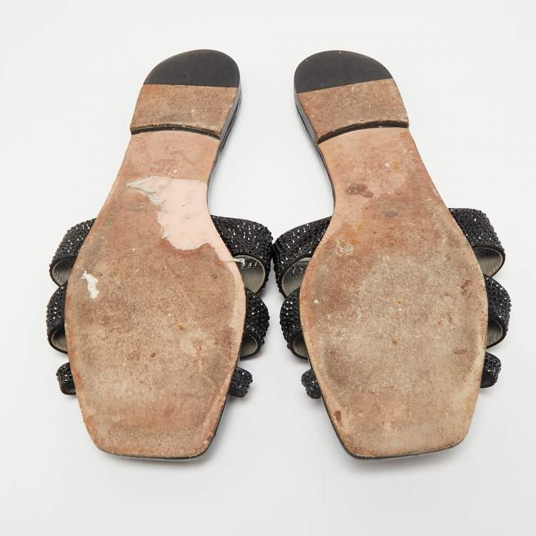Pre Owned Gina Black Satin Crystal Embellished Loren Flat Slide Sandals Size 41