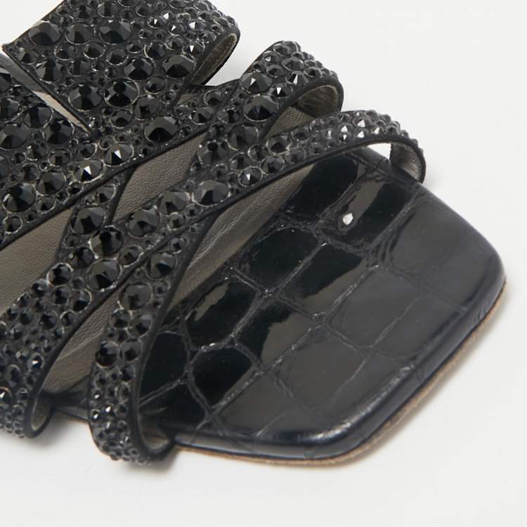 Pre Owned Gina Black Satin Crystal Embellished Loren Flat Slide Sandals Size 41