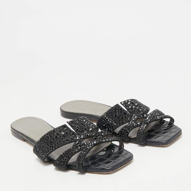 Pre Owned Gina Black Satin Crystal Embellished Loren Flat Slide Sandals Size 41