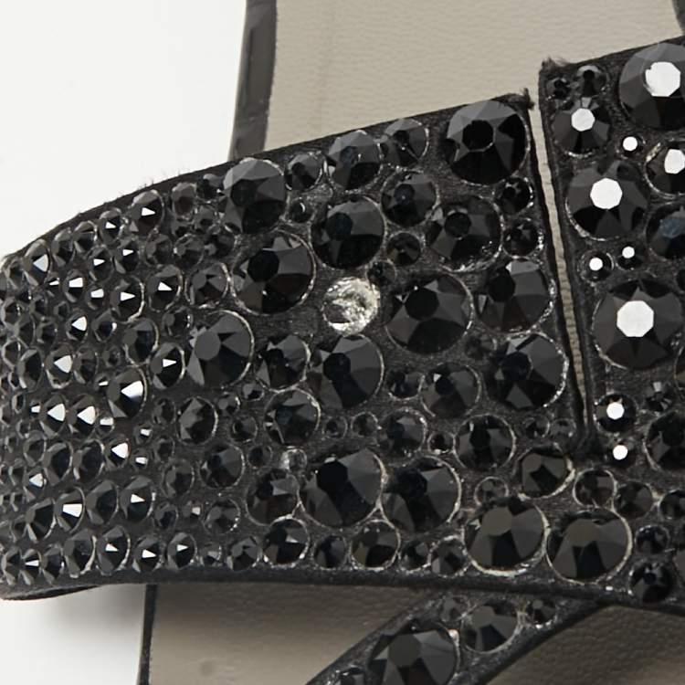Pre Owned Gina Black Satin Crystal Embellished Loren Flat Slide Sandals Size 41