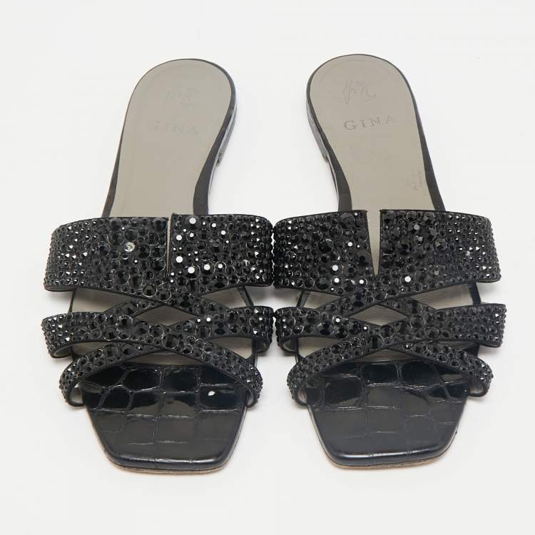Pre Owned Gina Black Satin Crystal Embellished Loren Flat Slide Sandals Size 41