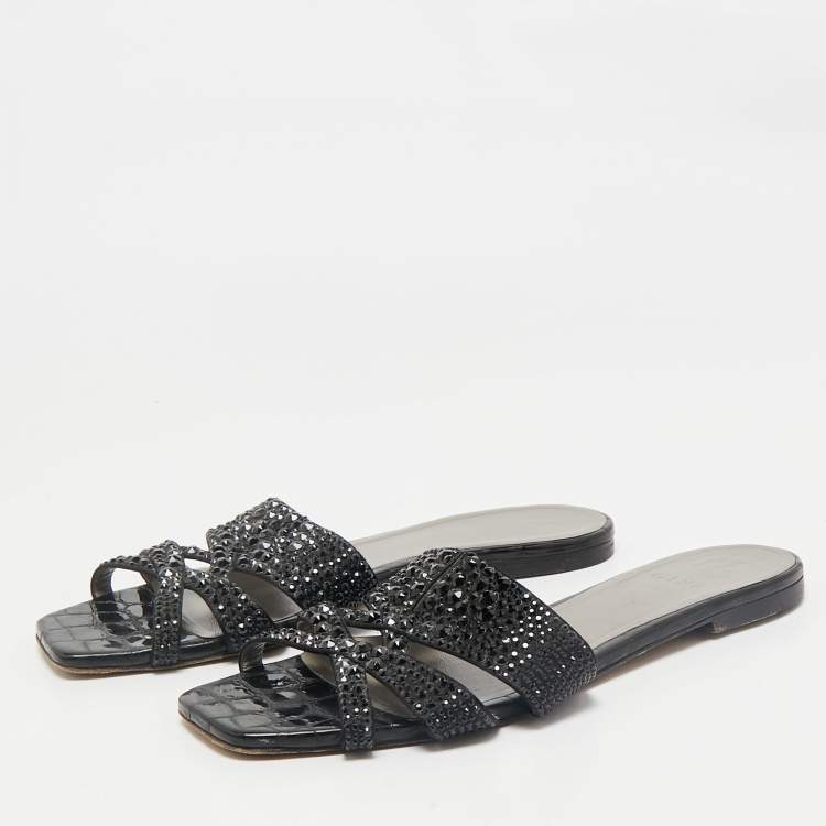 Pre Owned Gina Black Satin Crystal Embellished Loren Flat Slide Sandals Size 41