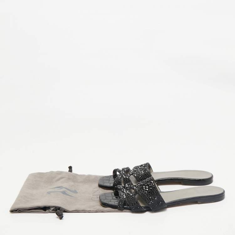 Pre Owned Gina Black Satin Crystal Embellished Loren Flat Slide Sandals Size 41