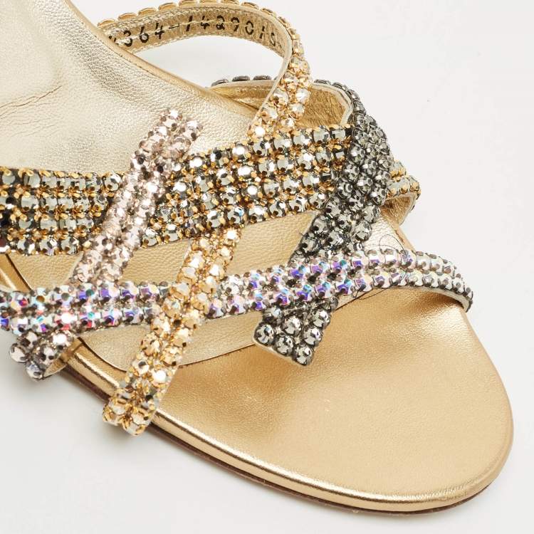 Pre Owned Gina Gold Leather Crystals Embellished Slide Sandals Size 41.5