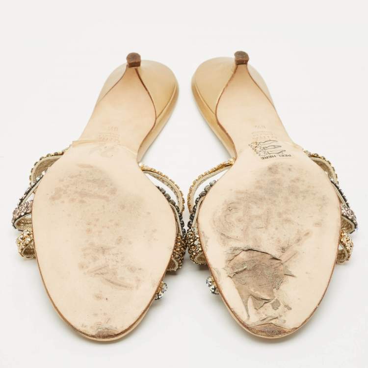 Pre Owned Gina Gold Leather Crystals Embellished Slide Sandals Size 41.5