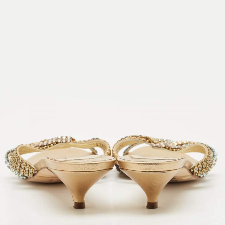 Pre Owned Gina Gold Leather Crystals Embellished Slide Sandals Size 41.5