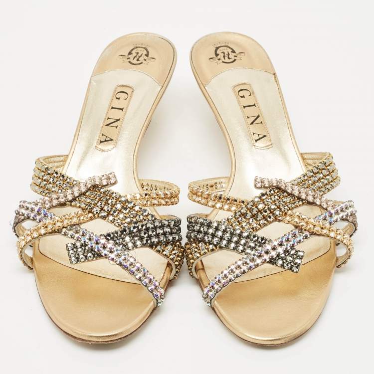 Pre Owned Gina Gold Leather Crystals Embellished Slide Sandals Size 41.5