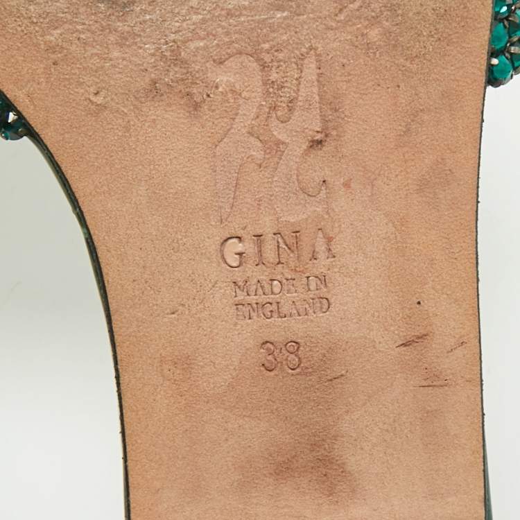 Pre Owned Gina Green Croc Embossed and  Patent Leather Visage Slide Sandals Size 38