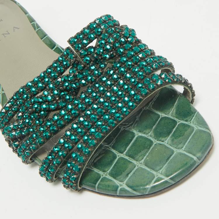 Pre Owned Gina Green Croc Embossed and  Patent Leather Visage Slide Sandals Size 38