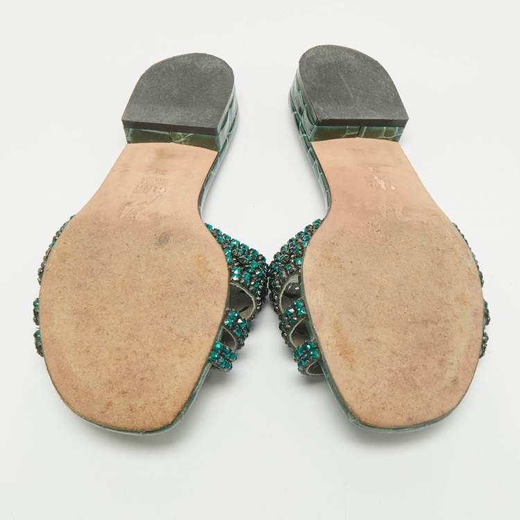 Pre Owned Gina Green Croc Embossed and  Patent Leather Visage Slide Sandals Size 38