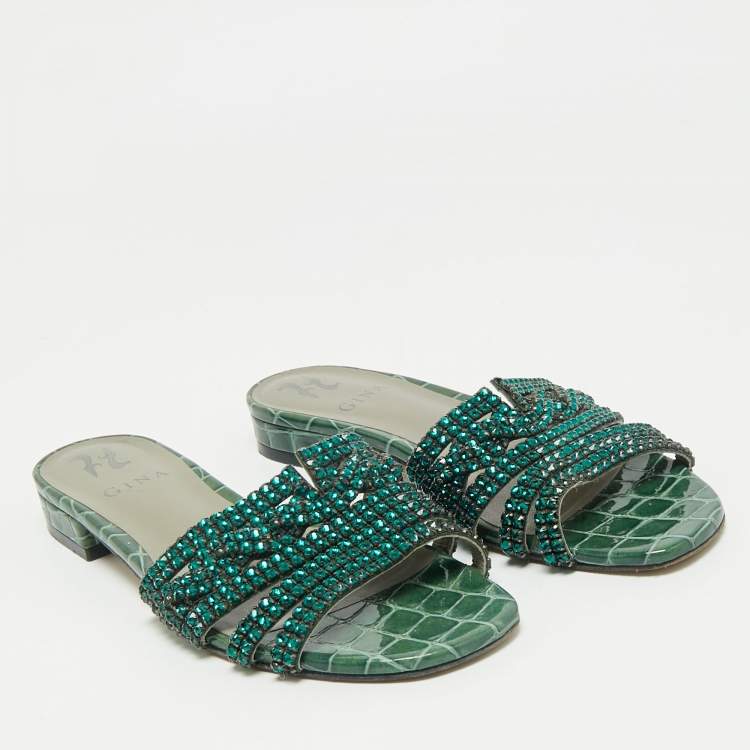 Pre Owned Gina Green Croc Embossed and  Patent Leather Visage Slide Sandals Size 38