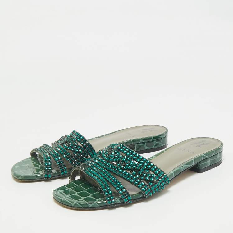 Pre Owned Gina Green Croc Embossed and  Patent Leather Visage Slide Sandals Size 38