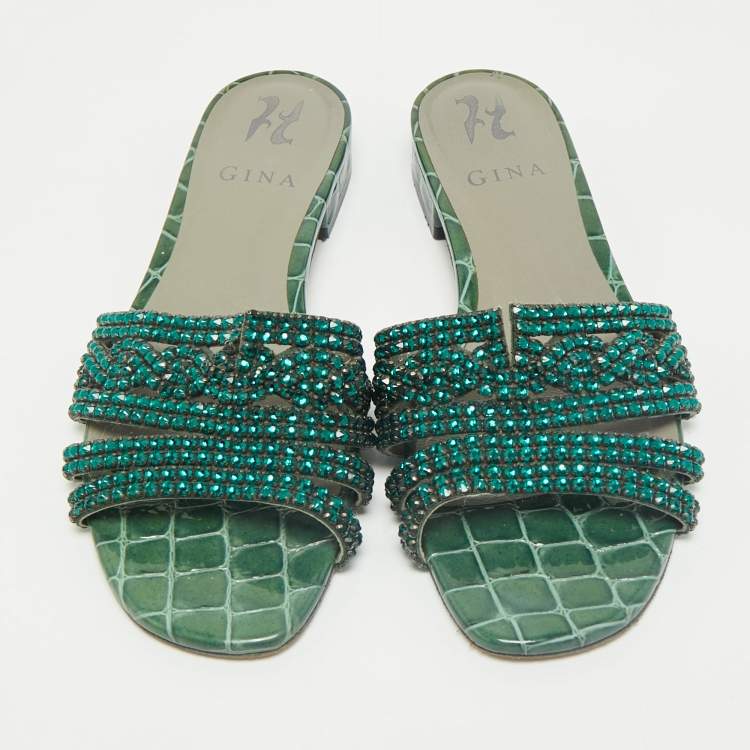 Pre Owned Gina Green Croc Embossed and  Patent Leather Visage Slide Sandals Size 38