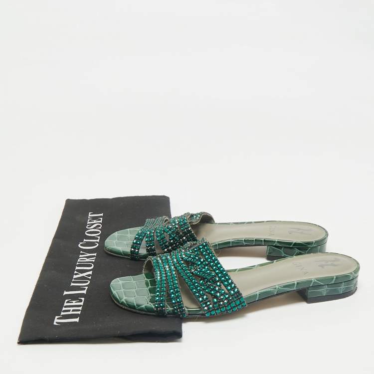 Pre Owned Gina Green Croc Embossed and  Patent Leather Visage Slide Sandals Size 38