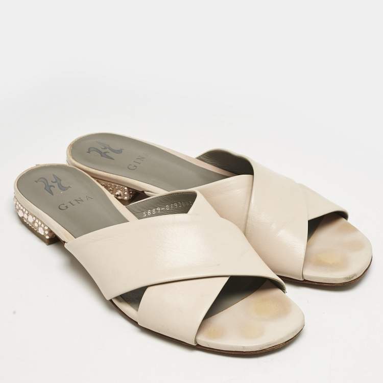 Pre Owned Gina Light Peach Leather Bourdin Flat Sandals Size 42