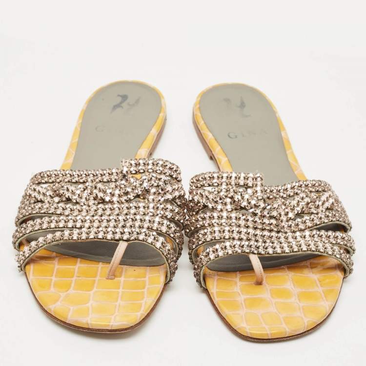 Pre Owned Gina Yellow Croc Embossed Leather Crystal Embellished Loren Flat Sandals Size 39