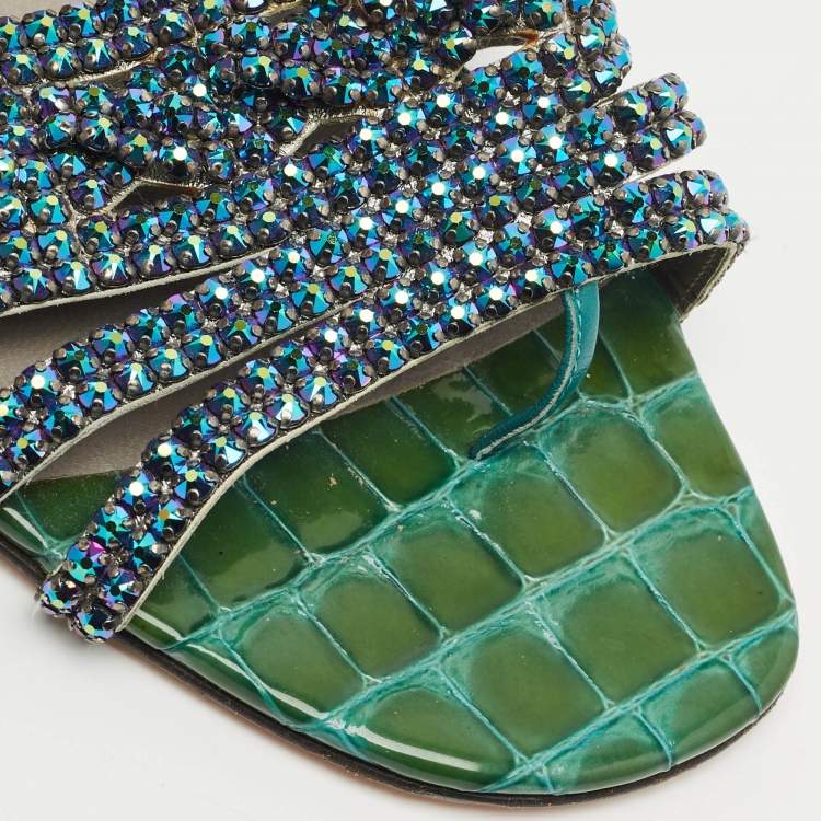 Pre Owned Gina Green Croc Embossed Patent Leather Crystal Embellished Loren Flat Slide Sandals Size 39