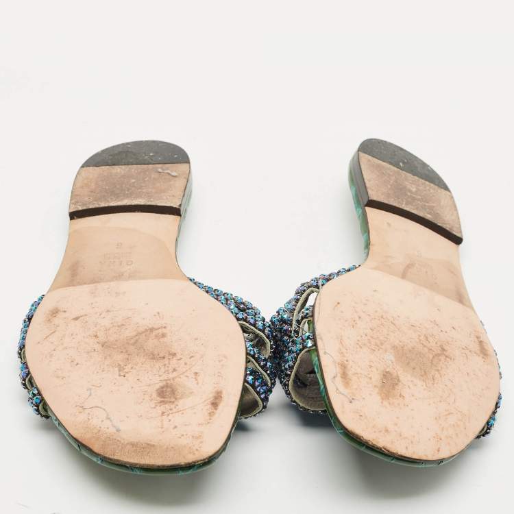 Pre Owned Gina Green Croc Embossed Patent Leather Crystal Embellished Loren Flat Slide Sandals Size 39